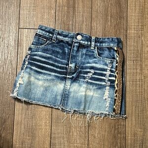 Distressed Denim Mini Skirt with Leopard Accent